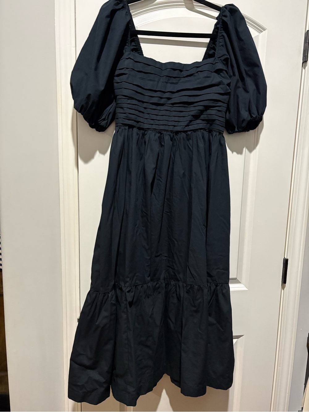 Abercrombie Ruched Puff Sleeve Poplin Midi Dress Navy Medium - Picture 2 of 8